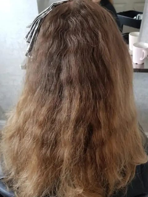 Before: client&rsquo;s hair before long, smooth golden blonde, Homeward Halo, Radcliffe