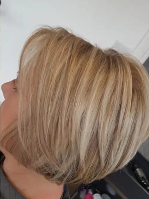 After: a soft blonde highlighted bob by Homeward Halo hair salon in Radcliffe, Bury