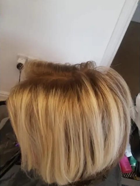 Before: client&rsquo;s hair before a soft blonde highlighted bob, Homeward Halo, Radcliffe