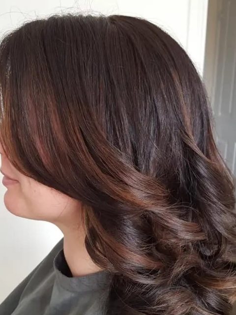 After: rich dark brown with soft curls by Homeward Halo hair salon in Radcliffe, Bury