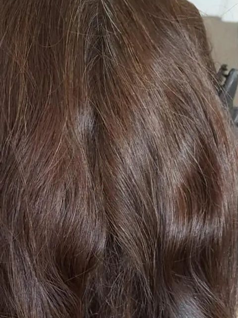 Before: client&rsquo;s hair before rich dark brown with soft curls, Homeward Halo, Radcliffe