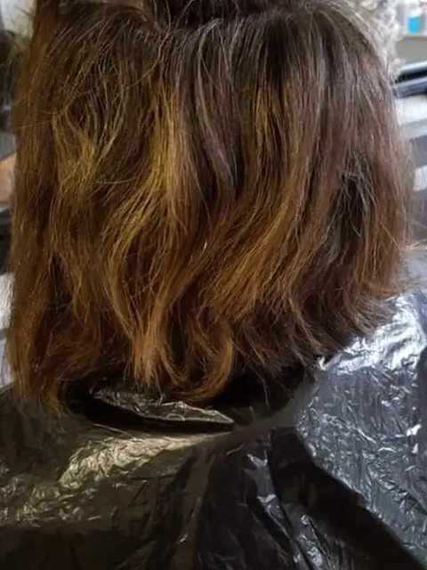 Before: client&rsquo;s hair before a sleek bob with warm highlights, Homeward Halo, Radcliffe