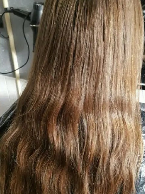 Before: client&rsquo;s hair before long hair with bouncy curled ends, Homeward Halo, Radcliffe