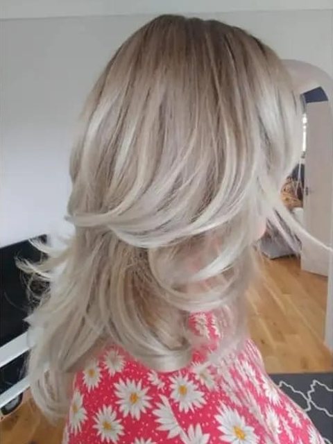 After: layered ash blonde by Homeward Halo hair salon in Radcliffe, Bury