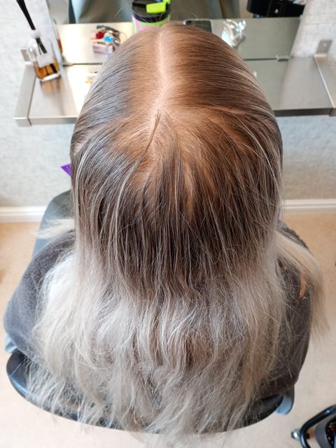 Before: client&rsquo;s grown-out roots and faded ends before a full blonde colour, Homeward Halo, Radcliffe